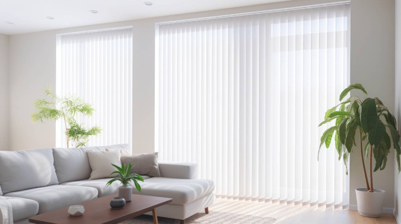 Blind window blinds covering large living room windows near Fletcher, NC