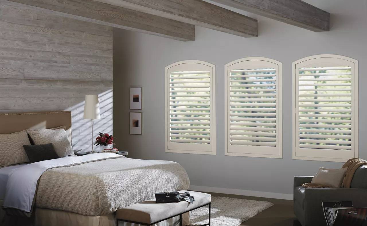 Composite shutters in a modern bedroom near Fletcher, NC