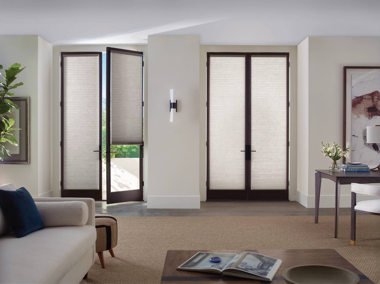 Hunter Douglas Duette® Cellular Shades covering French doors near Fletcher, NC