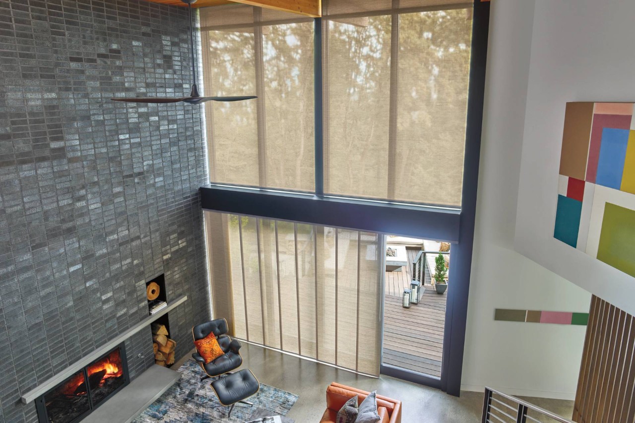 Hunter Douglas Skyline® Panel-Track Blinds covering an oversized window near Fletcher, NC
