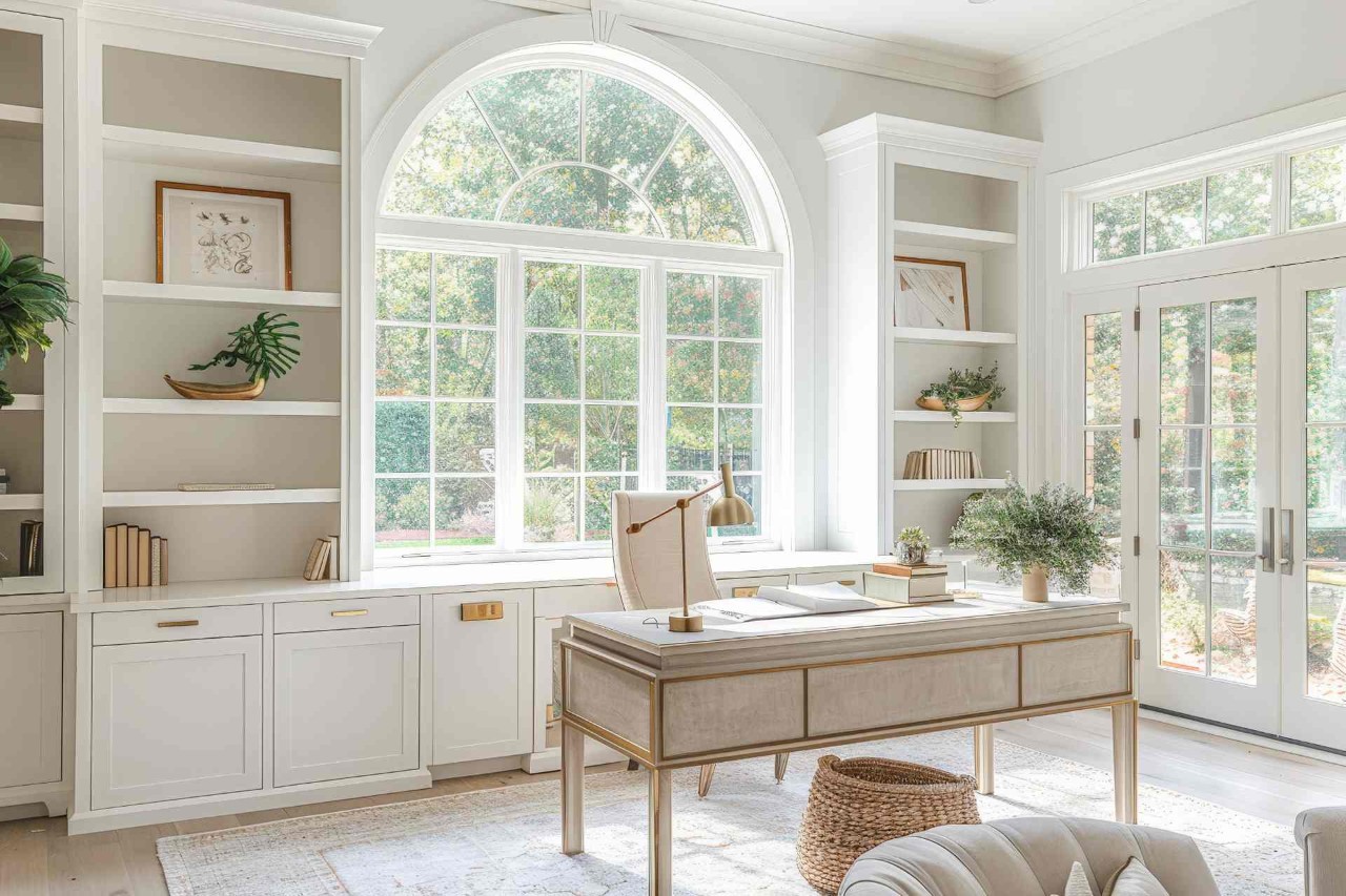 Home office with contemporary desk and half circle window near Fletcher, NC