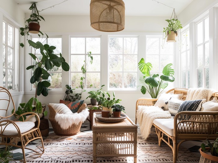 White wall sunroom with plants and brown wood woven furniture with greenery and pillows everywhere.